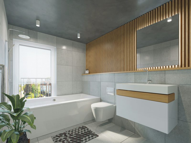 Two-bedroom with skyline views by Margaret Pace Park — bathroom