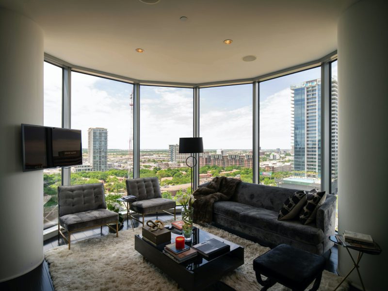 Double-height loft steps from the Metromover — living area
