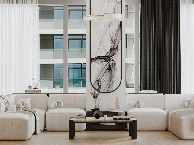 Sky-garage condo with ocean-to-bay views — living room