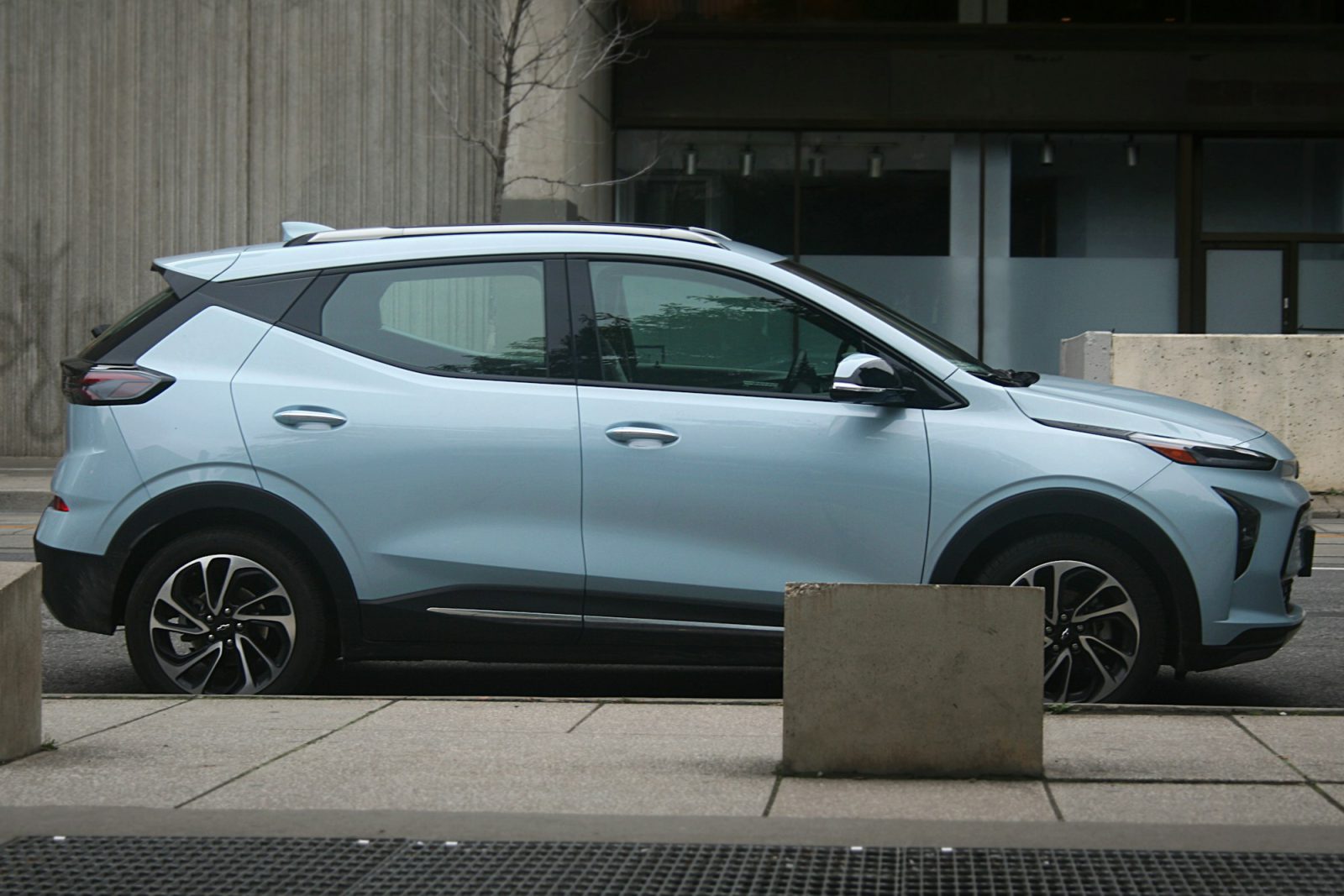 Blue Chevrolet Bolt, front three-quarter view