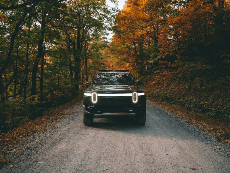 Green Rivian R1T, front view