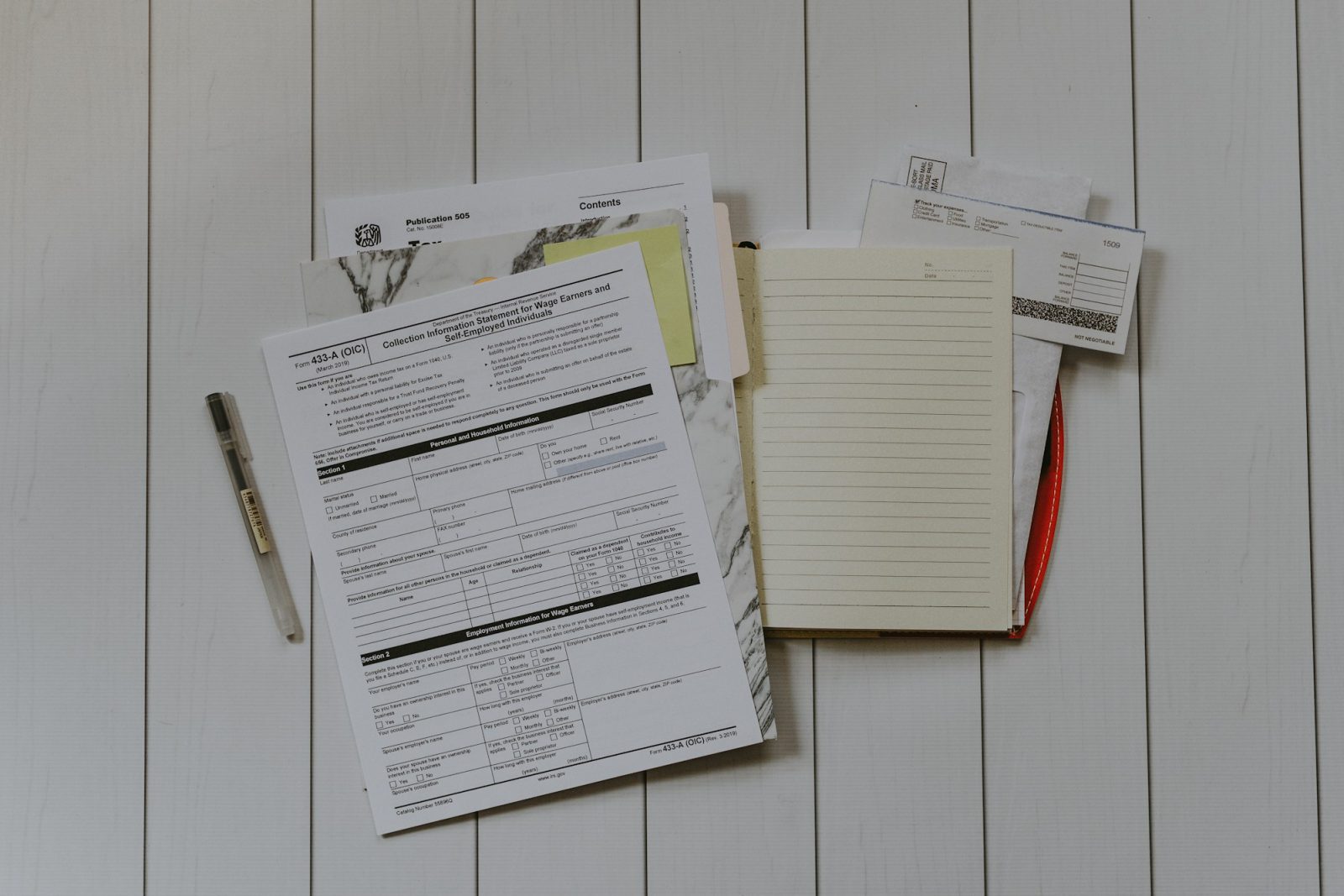 Stack of papers flat lay photography
