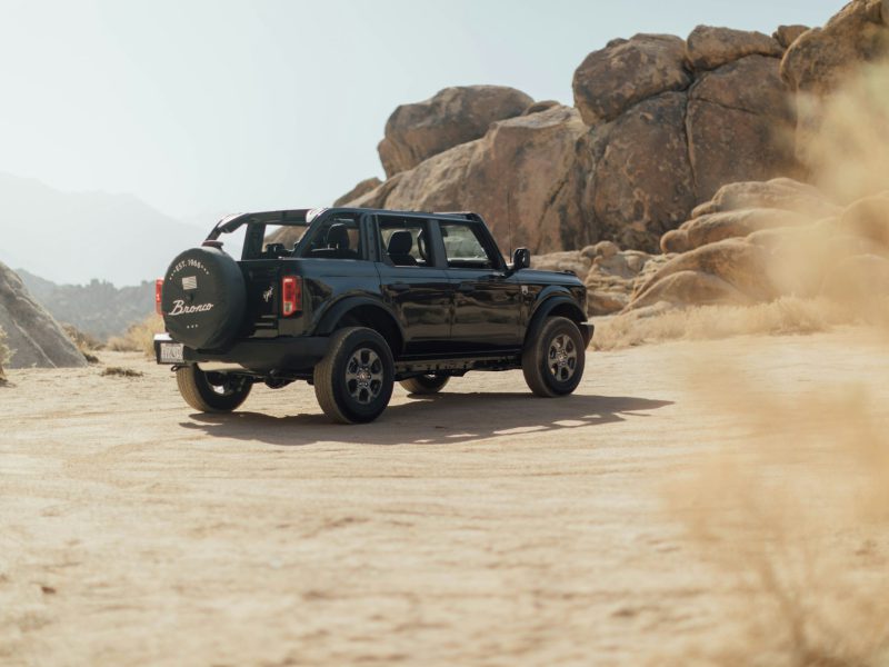 Black Ford Bronco, rear three-quarter view