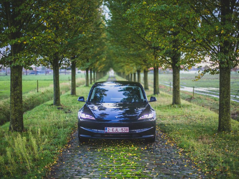 Blue Tesla Model 3, front view