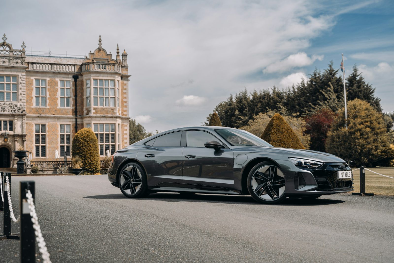 Gray Audi e-tron GT, front three-quarter view