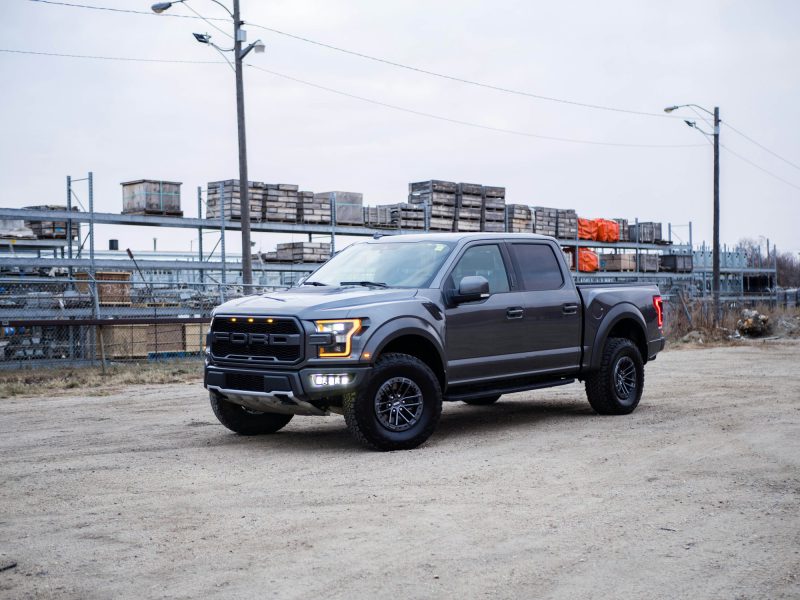 Gray Ford F-150, front three-quarter view