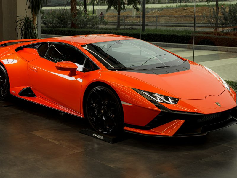 Orange Lamborghini Huracan, front three-quarter view