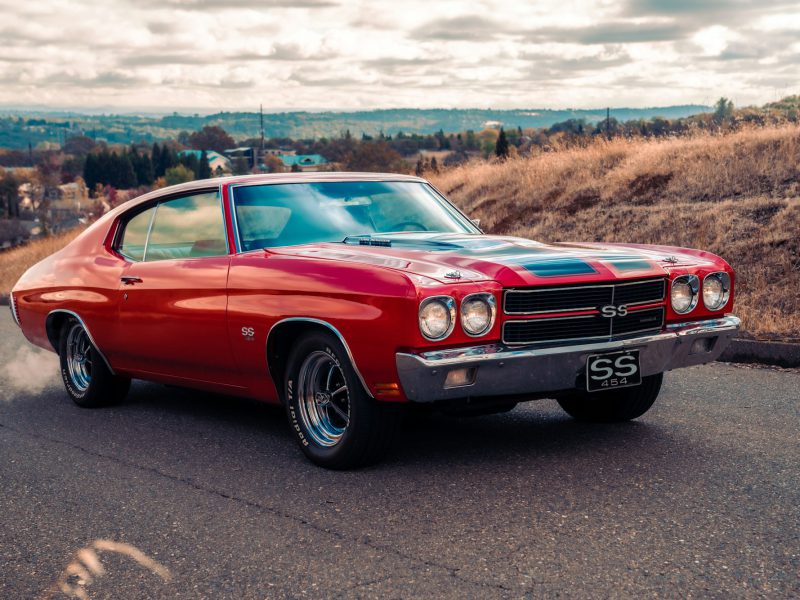 Red Chevrolet Chevelle, front three-quarter view