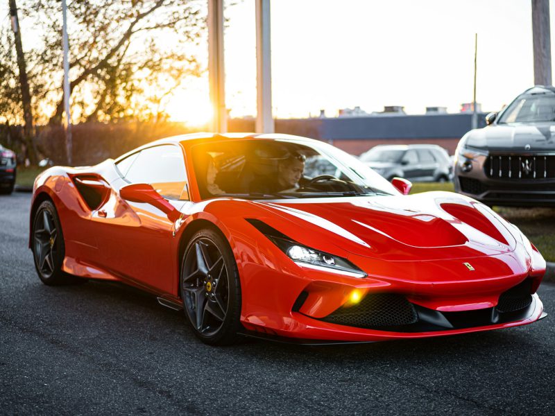 Red Ferrari F8, front three-quarter view