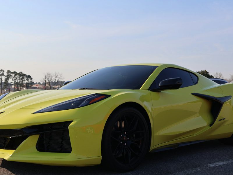 Yellow Chevrolet Corvette, front three-quarter view