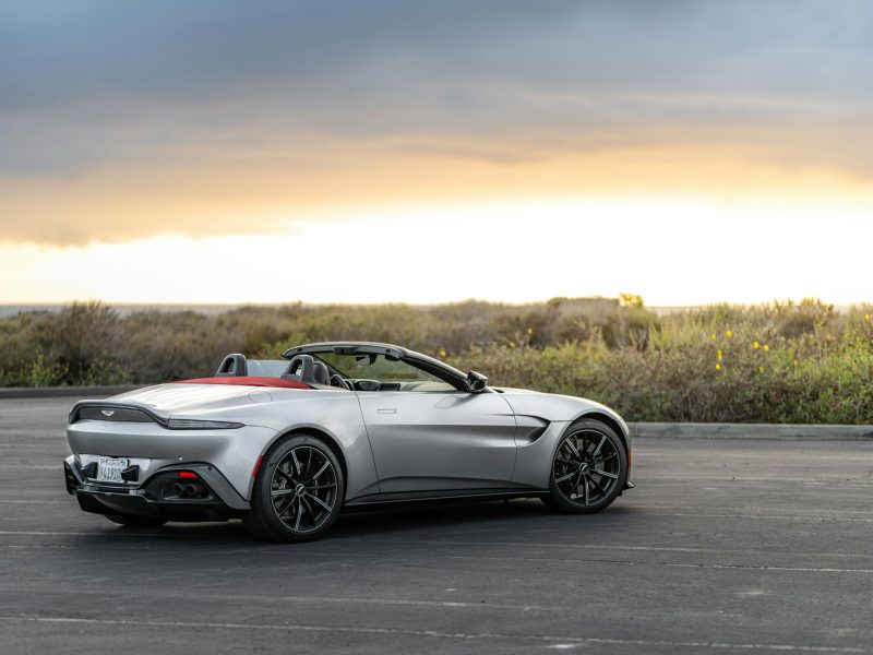 Silver Aston Martin Vantage, rear three-quarter view