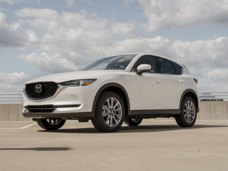 White Mazda CX-5, front three-quarter view
