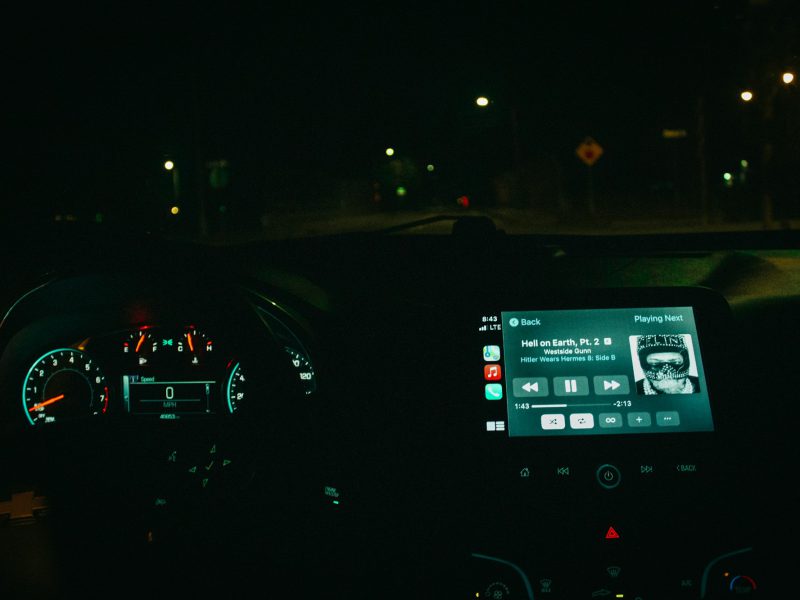 The dashboard of a car in the dark