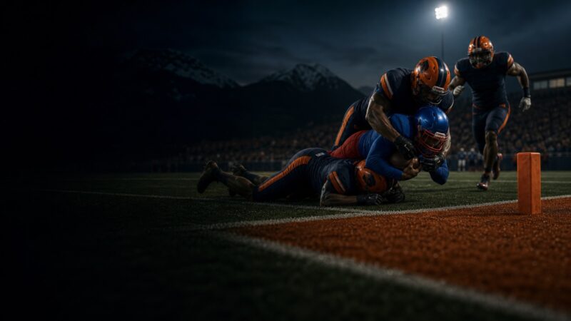 A defence in navy and orange stops a running back short of the goal line.