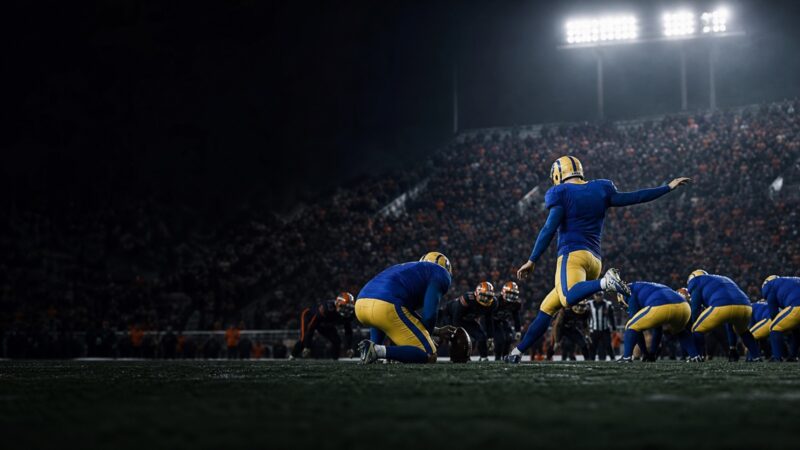 A kicking unit lines up a late field goal in a freezing stadium.