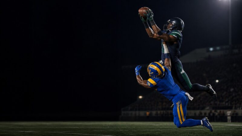 A receiver in navy and green takes a contested catch over a defender in blue and gold.