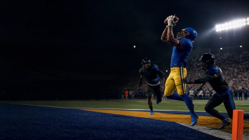 A receiver in blue and gold lands a late catch as defenders arrive.