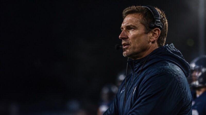 A head coach in a navy jacket and headset calls from a night sideline.