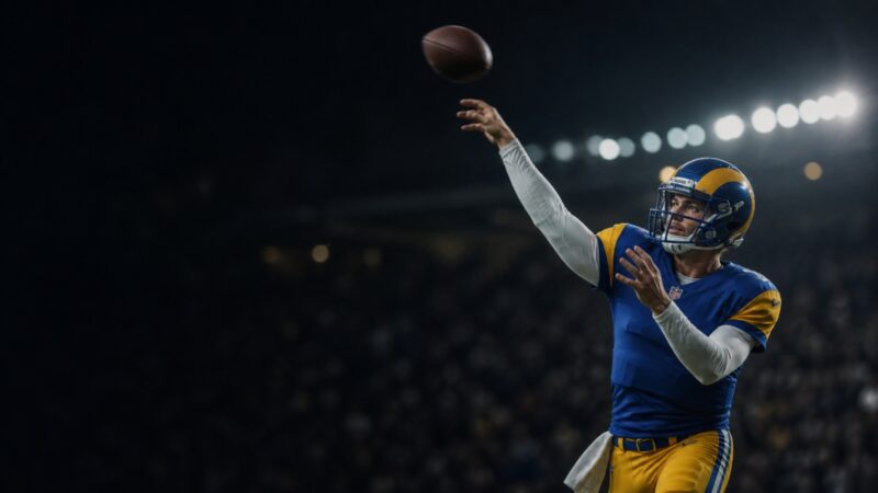 A veteran quarterback in blue and gold releases a deep pass under stadium lights.
