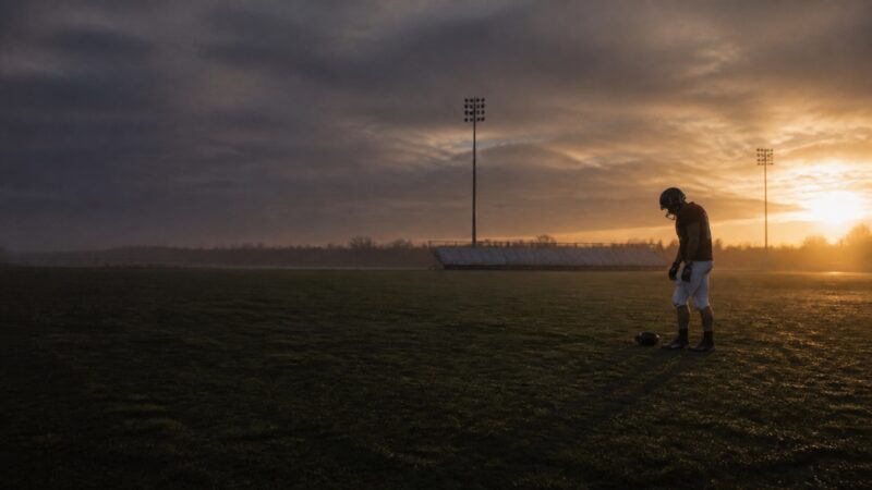 Young players training alone on an empty field at first light.