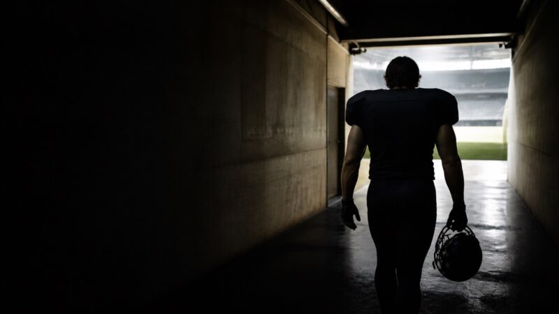 A lone player walks a dark tunnel towards the stadium light.