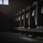 An empty locker room with kit hung and still.