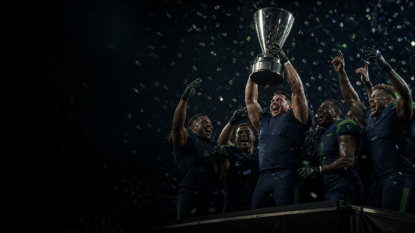Players in navy and green lift a championship trophy through falling confetti.
