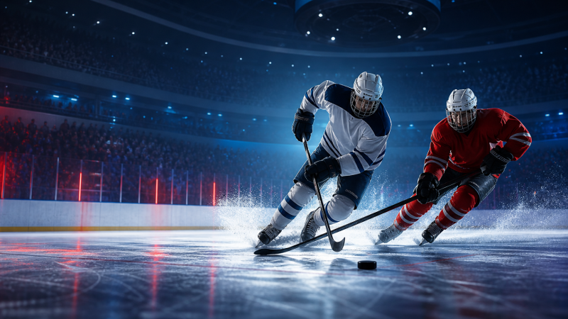 Two ice hockey players skating in an indoor arena.