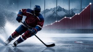 A hockey player carving a hard turn with snow spraying from the edges of his skates.
