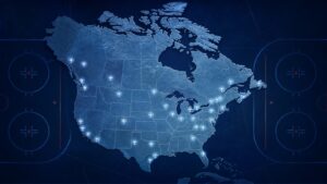 A dark map of North America with glowing markers on the cities that host hockey clubs.
