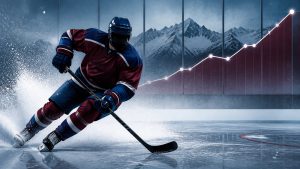 Editorial illustration of a Colorado hockey player beside a points-race graphic.