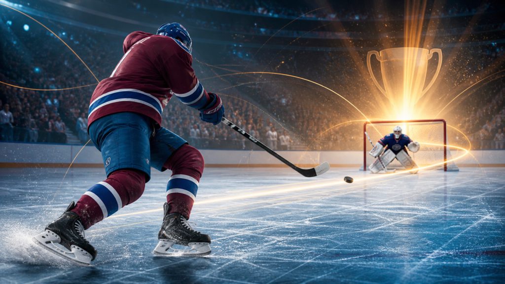 Editorial illustration of a Colorado hockey player celebrating a goal-scoring title.