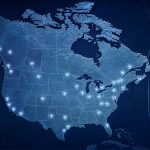 Editorial illustration of a glowing North American hockey league map with club markers.