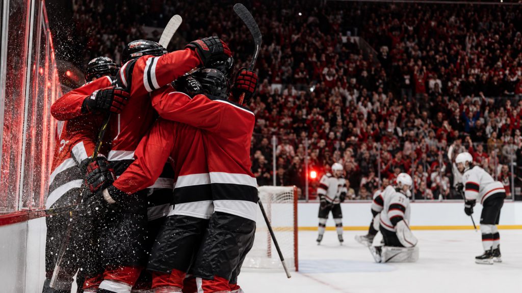 Editorial illustration of Carolina and Vegas hockey players contesting Stanley Cup Final Game 5.