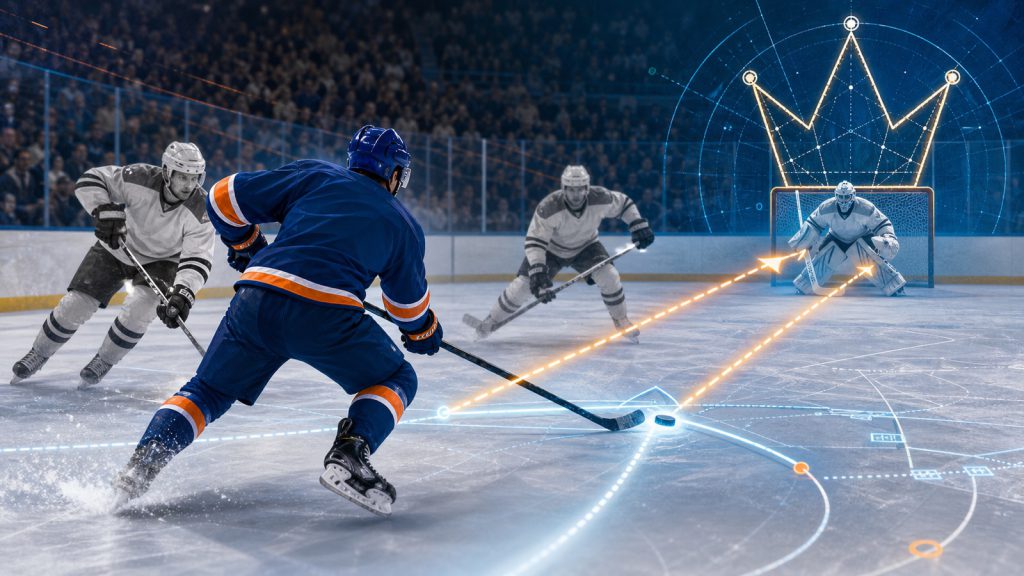 Editorial illustration of an Edmonton hockey player celebrating a league points title.