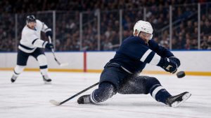 Editorial illustration of a hockey defenseman blocking a shot in front of goal.