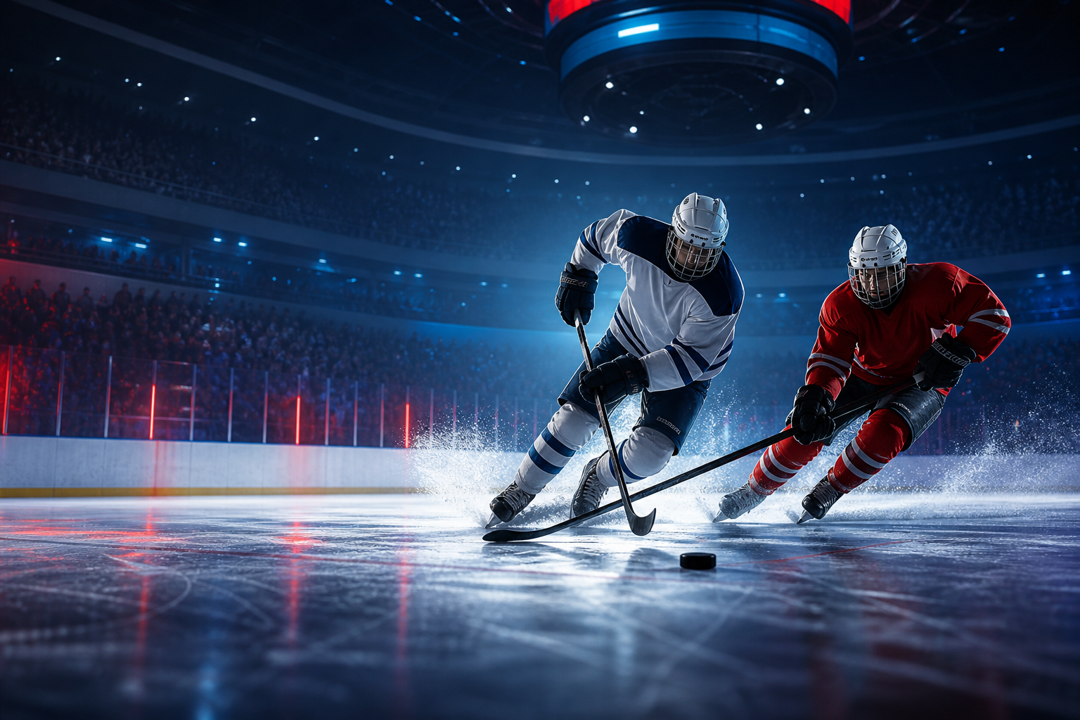 Two ice hockey players skating in an indoor arena.