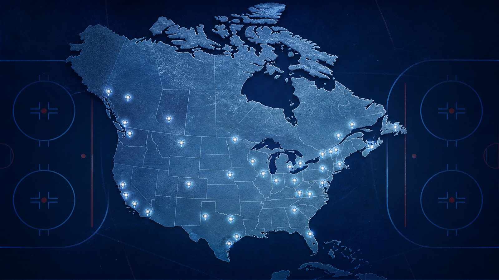 Editorial illustration of a glowing North American hockey league map with club markers.
