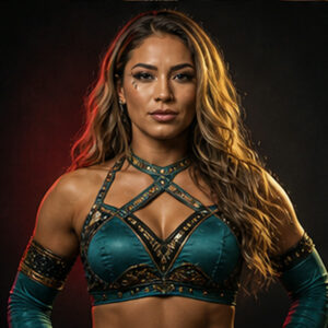 Studio roster portrait of a wrestler lit against a dark backdrop.