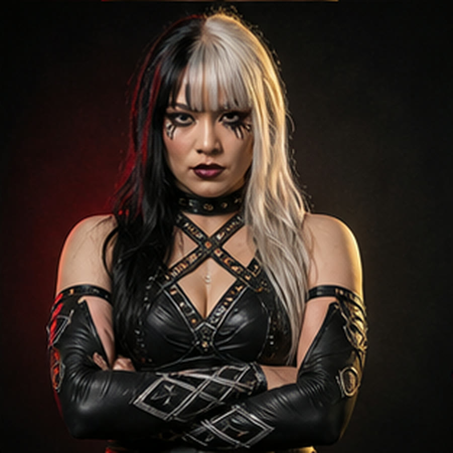 Studio roster portrait of a wrestler with arms folded, lit against a dark backdrop.
