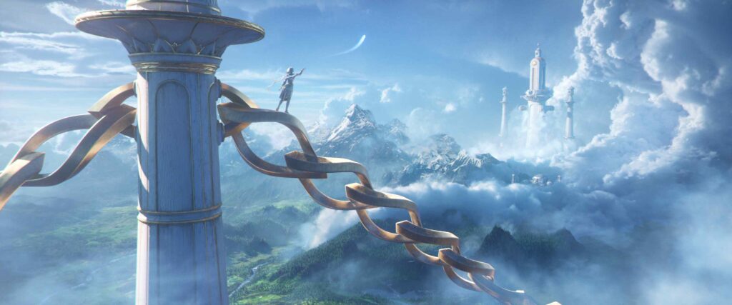 Giant chains anchoring a floating city in the clouds