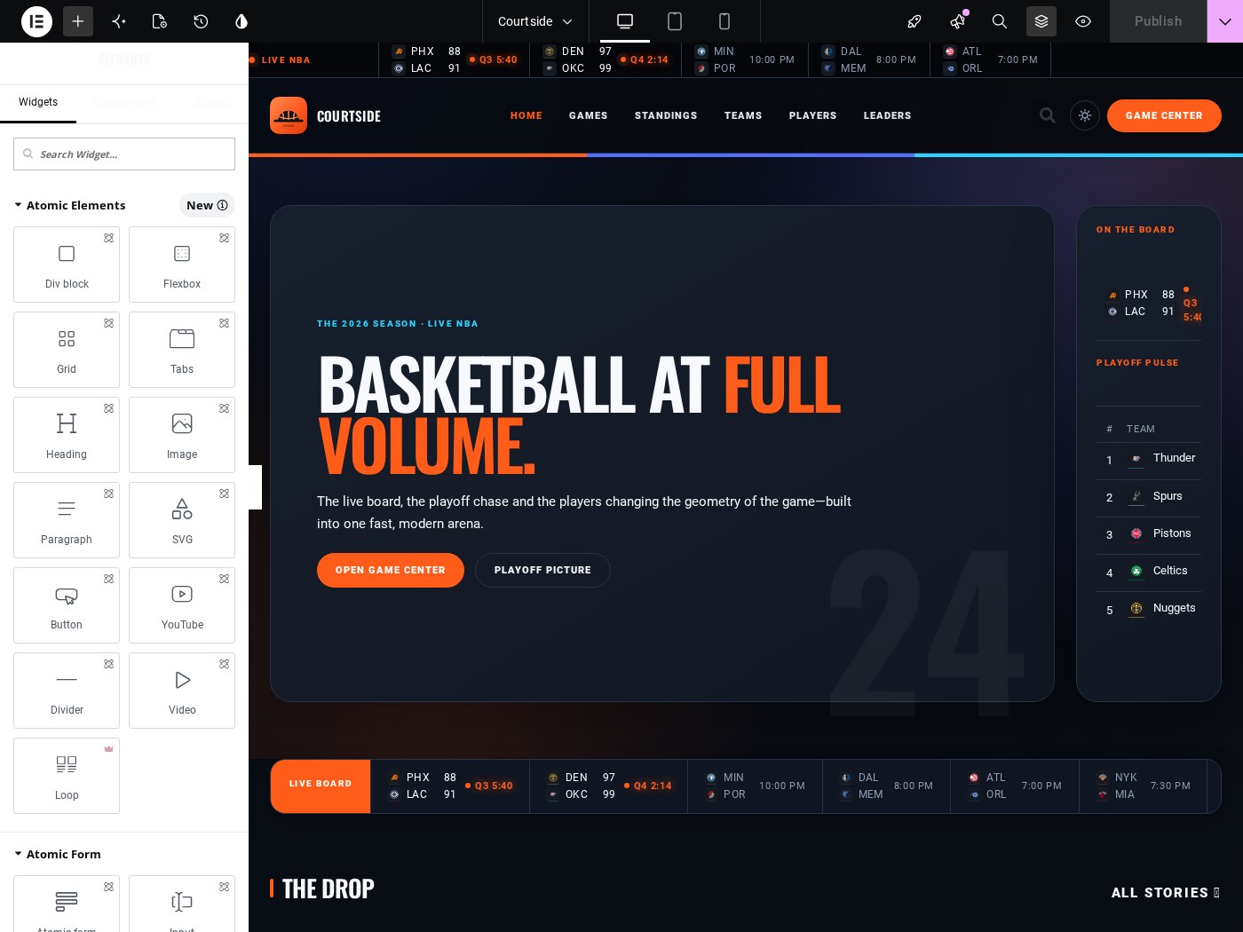 The Elementor editor with the same Courtside front page and the native widget workspace