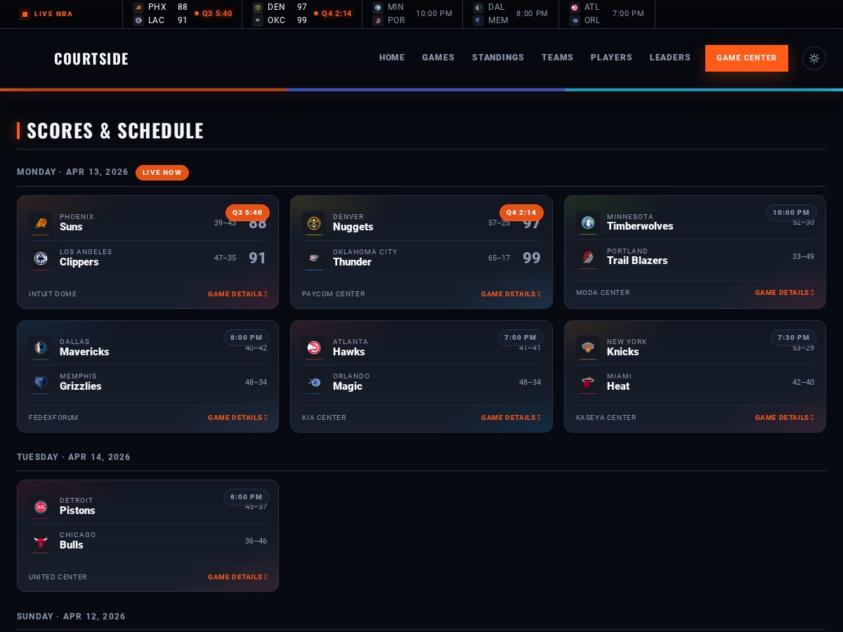Courtside scores and schedule hub with date-grouped matchup cards and live quarter clocks