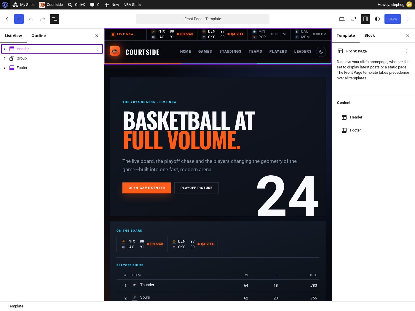 The Site Editor with the Courtside front page open: List View on the left, the live board in the canvas, block settings on the right