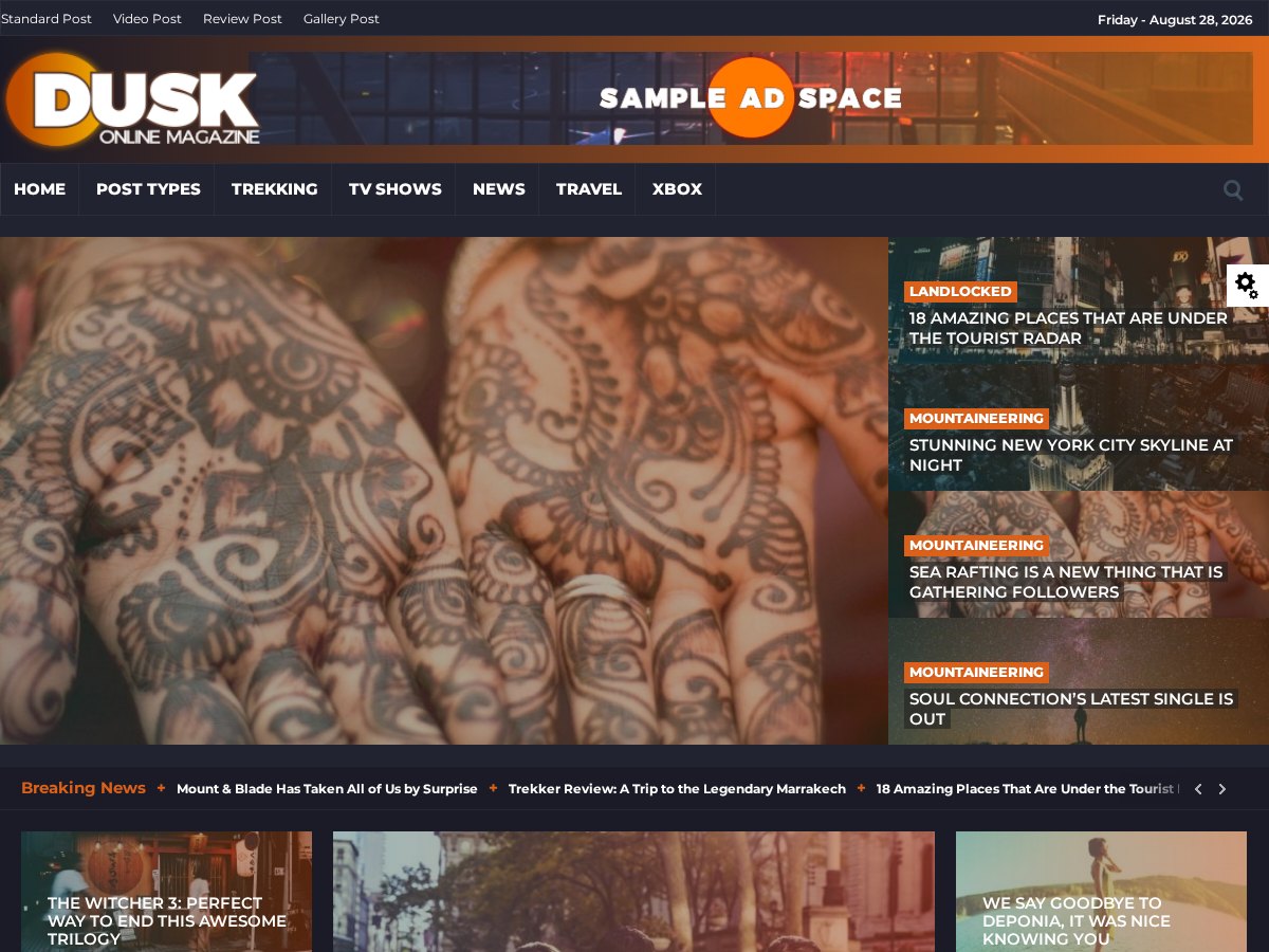 The Dusk demo front page (dark magazine WordPress theme)