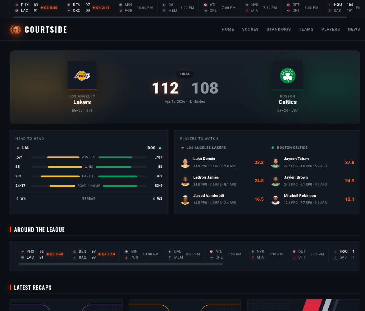 Game pages: matchup hero, head-to-head and players to watch