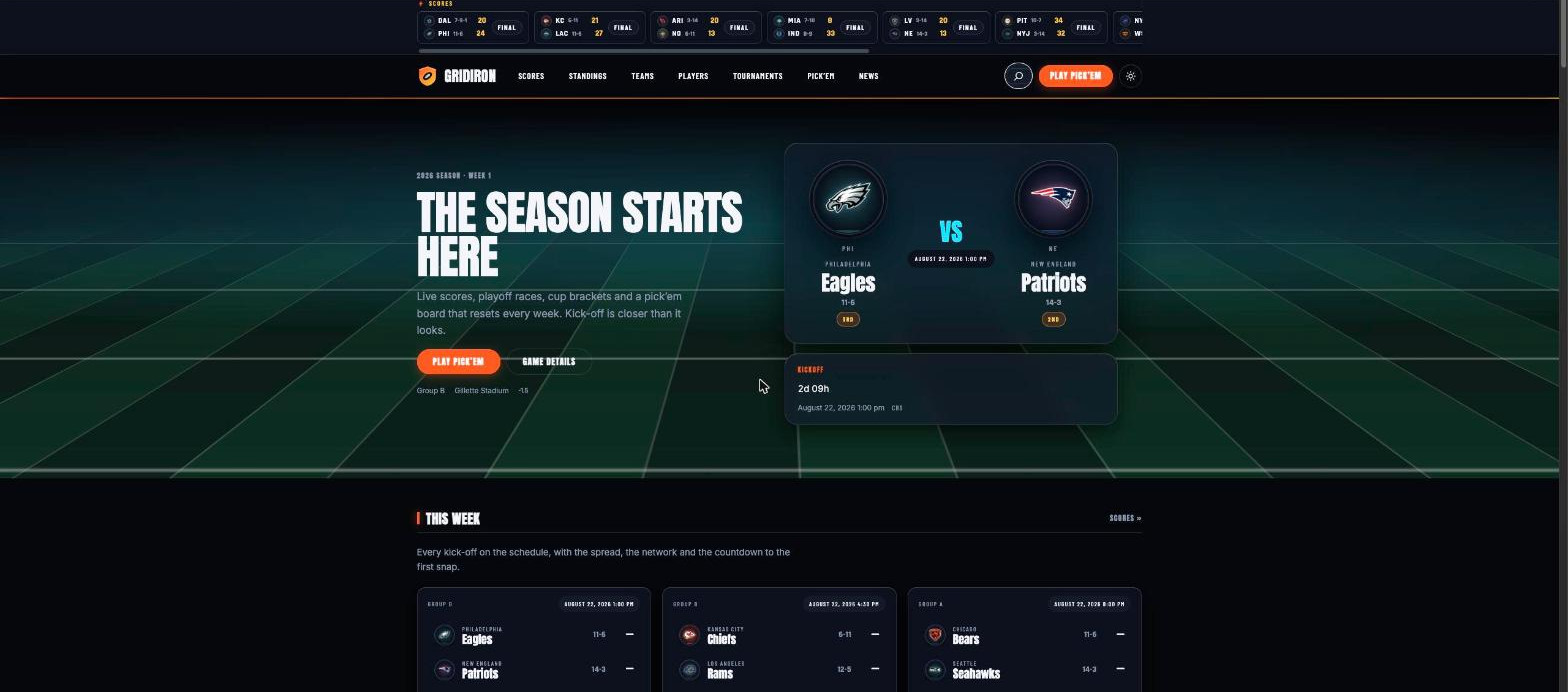 The Gridiron front page: hero matchup card with kickoff countdown, live score ticker and this week's fixtures (American football WordPress theme)