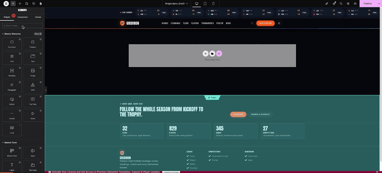 Screen recording: composing Gridiron widgets in the Elementor editor