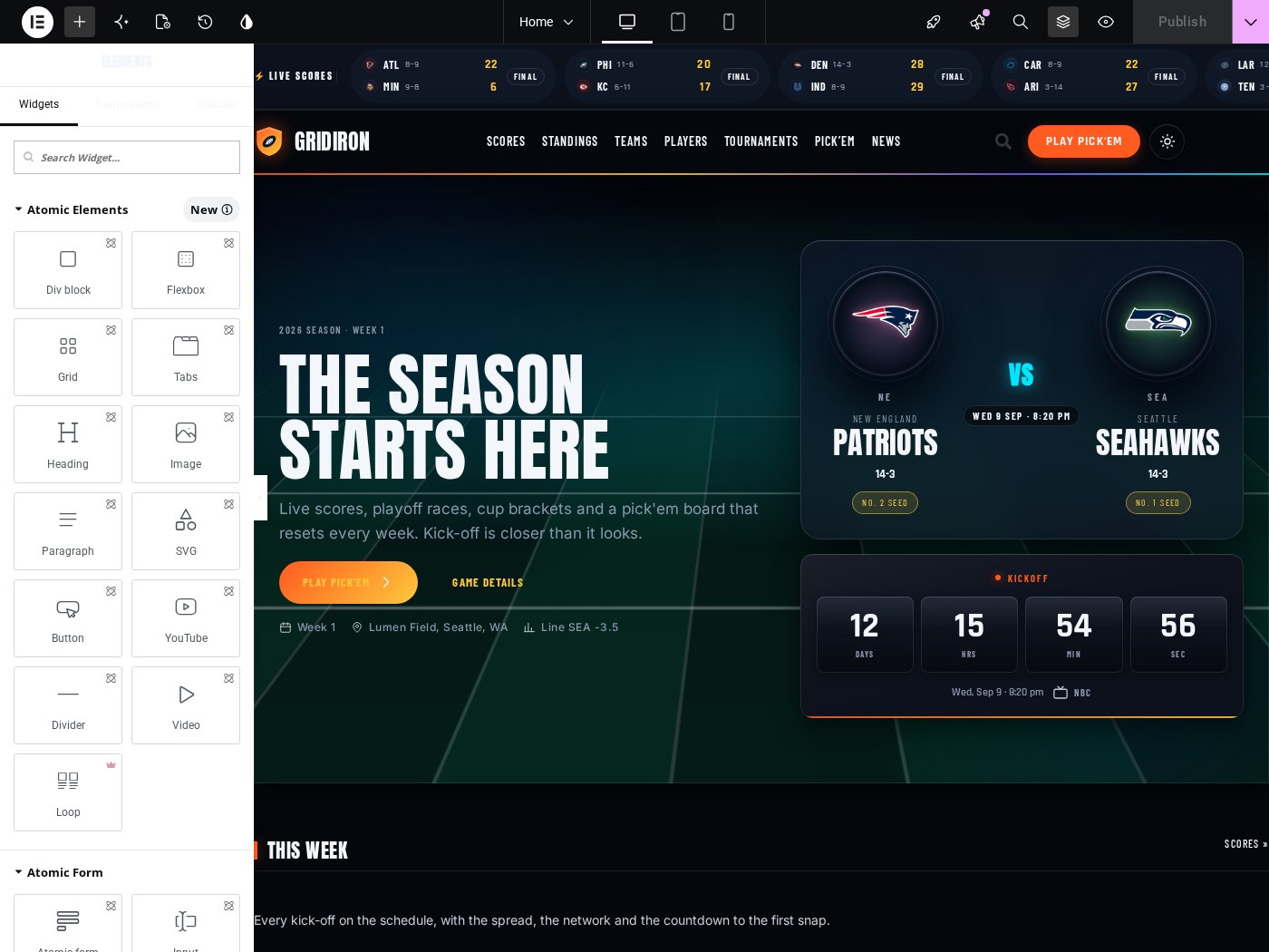 The Elementor editor with the same Gridiron front page and the native widget workspace