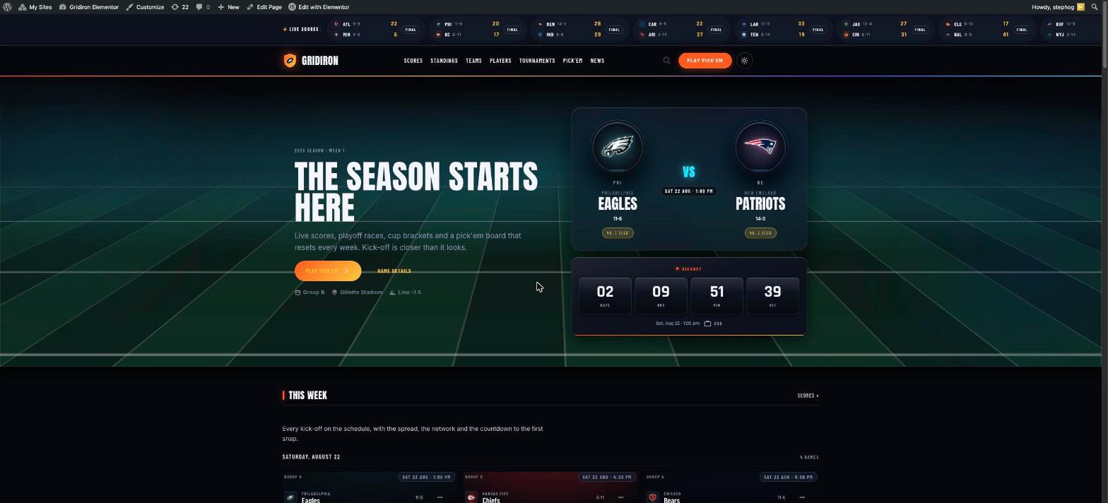 The Gridiron Elementor demo front page, built entirely with the plugin's Elementor widgets, matching the block theme demo